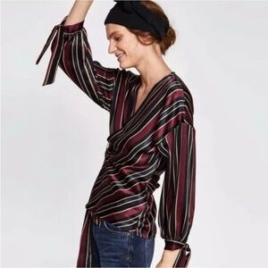 ZARA | Silky Satin Red Black Stripe Kimono Style Wrap